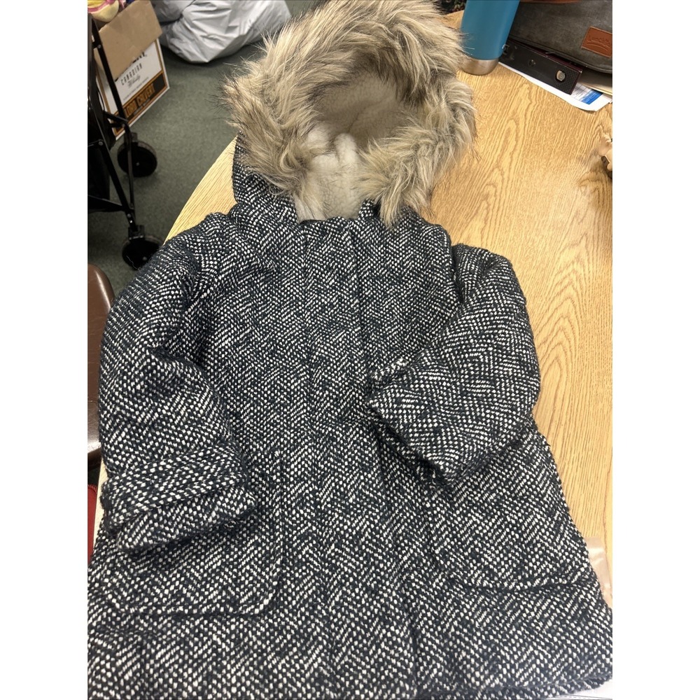 I170 BABY GAP Blue White Wool Blend Faux Fur Trim Lined Coat Jacket 3years